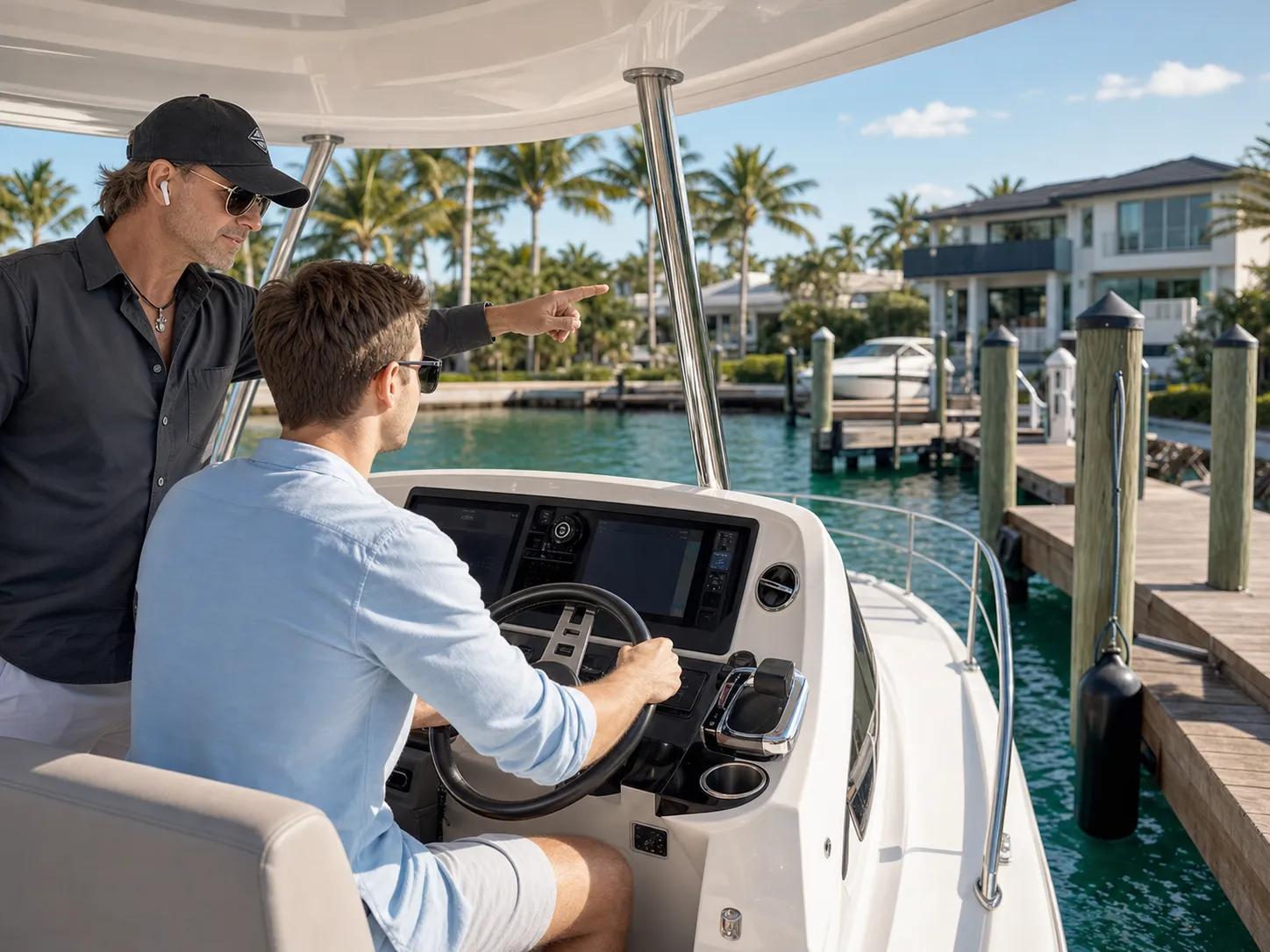 Captain coaching a boat owner during docking training